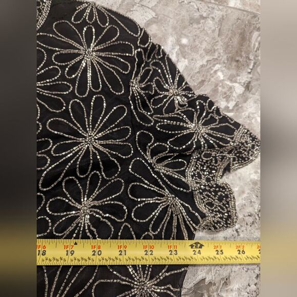 Papell Boutique Evening 100% Silk Black Fully Beaded Short Sleeve shirt Blouse L - Picture 11 of 14